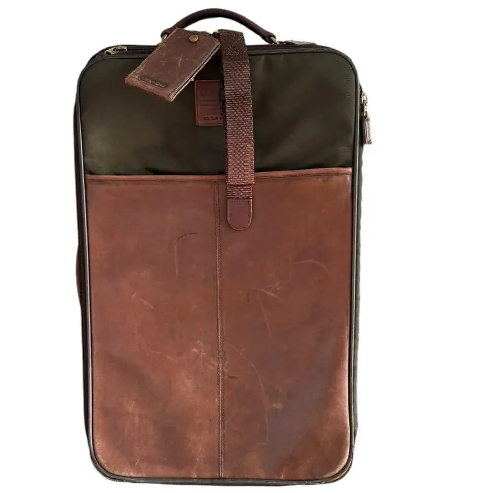 Vintage Coach 5496 22” Green Brown Leather Canvas Rolling Garment Bag USA